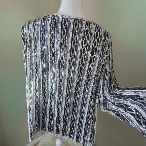 Papell Boutique Vintage 80s Black & Silver Beaded Sequin Silk Evening Jacket - Picture 8 of 13